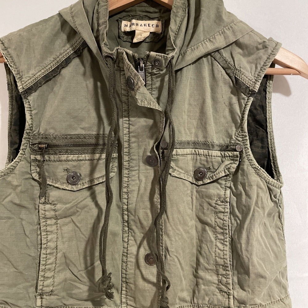 Anthropologie Military Utility Cargo Vest Olive Green‎ Pockets Hood Jumper S